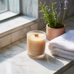 A beautiful display of the finished product on a bathroom counter with a towel and fresh herbs.