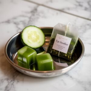 A beautifully arranged flat lay of the cucumber, green tea bags, and ice cubes in tray