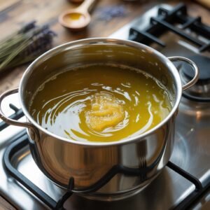 A step-by-step process photo showing the melting of beeswax and coconut oil in a pot.