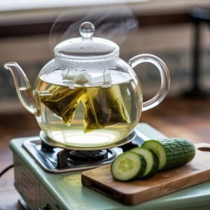 green tea bags steeping in hot water on a hot plate with sliced cucumbers